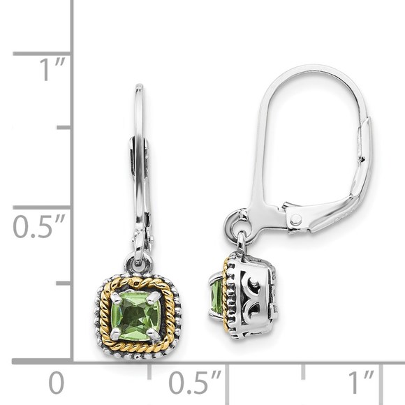 925 SS w/ 14K  Antiqued Cushion Peridot August Birthstone Leverback Earrings - Picture 4 of 4